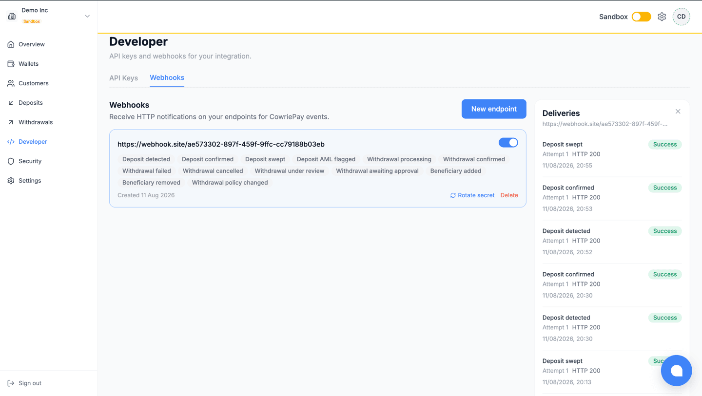 CowriePay webhook delivery log